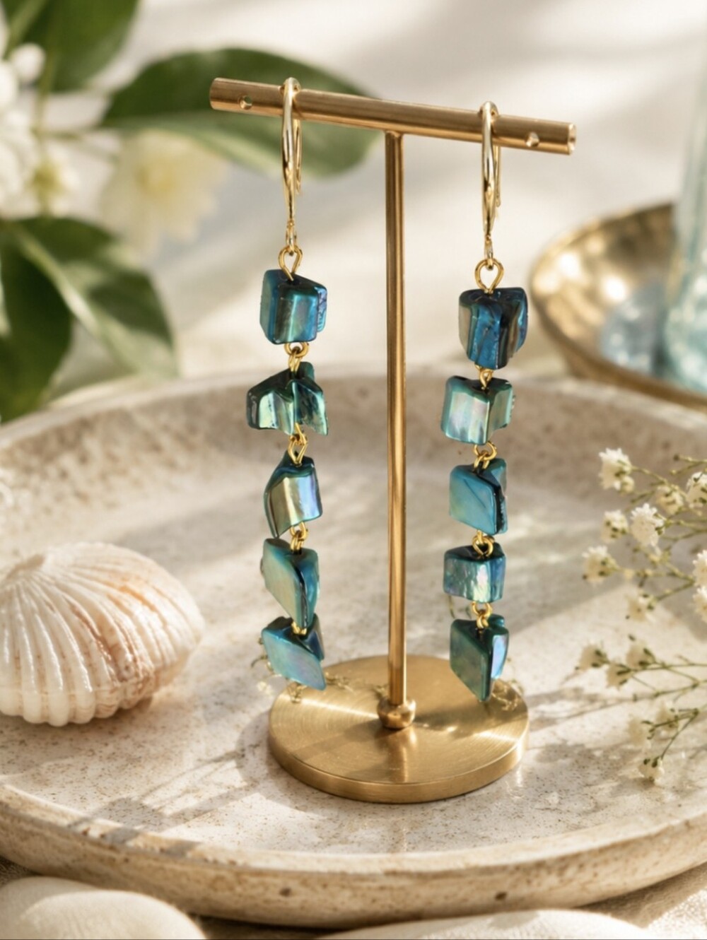 18k Gold Plated Turquoise Abalone Mother Of Pearl Drop Earrings - Picture 2 of 11